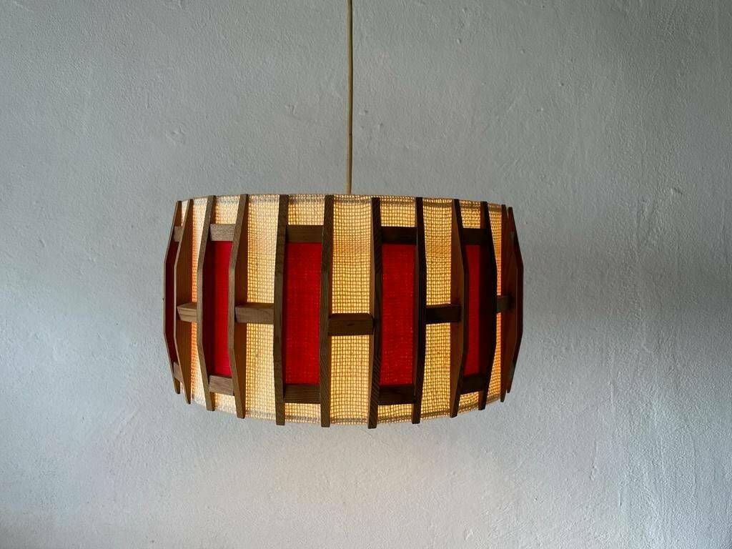 Beautiful Retro Red & Beige Fabric Shade   Wood Pendant Lamp, 1960s, Germany photo furniture