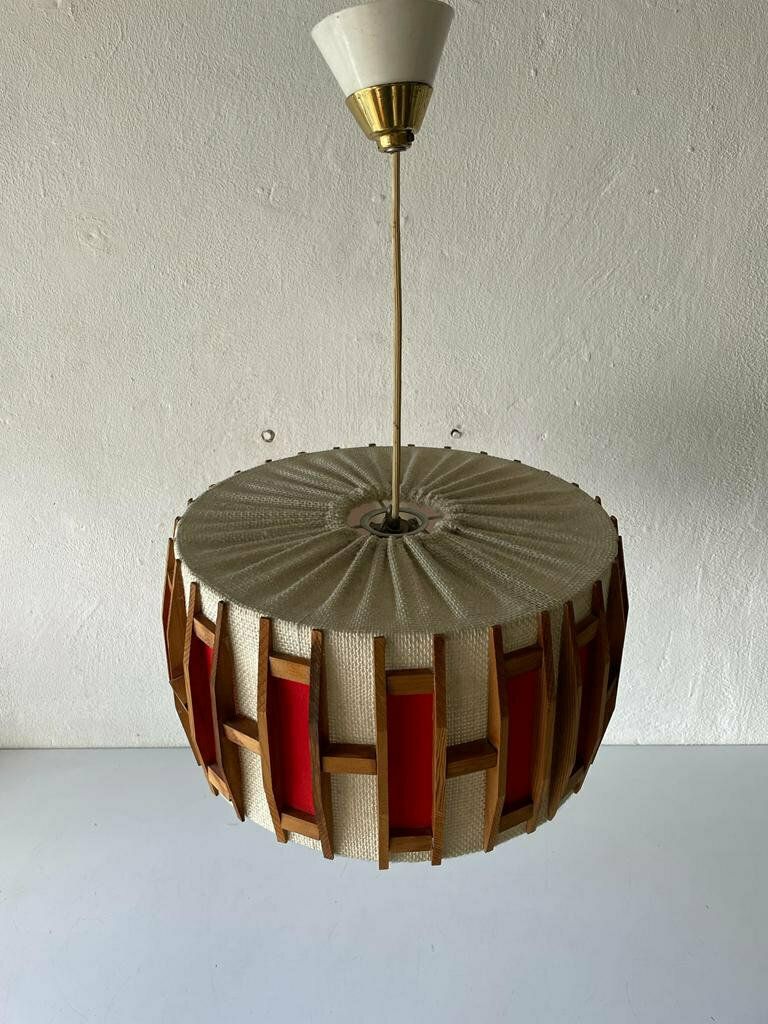Beautiful Retro Red & Beige Fabric Shade   Wood Pendant Lamp, 1960s, Germany photo Lighting