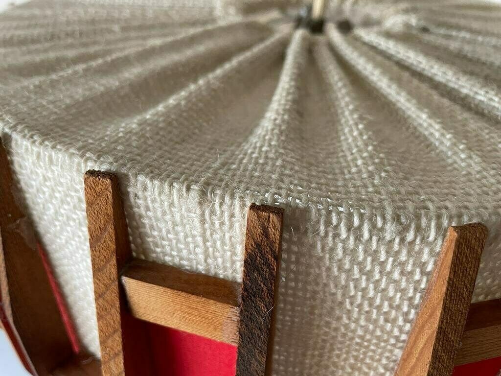 photo for sale Beautiful Retro Red & Beige Fabric Shade   Wood Pendant Lamp, 1960s, Germany