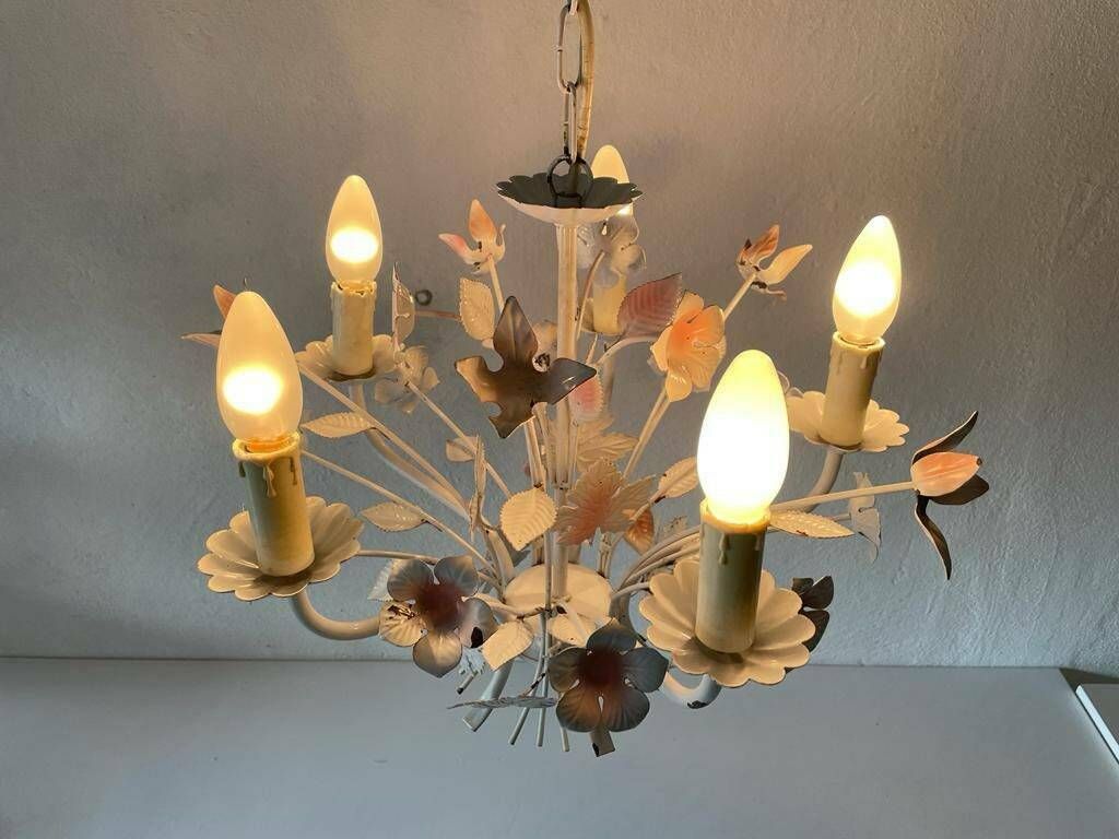 White And Pink Metal Bouquet Design Florentine Chandelier By Hans Kögl, 1970s, Germany photo Lighting