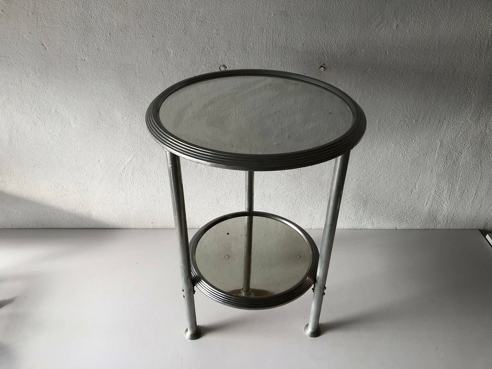 French Art Deco Round Aluminum Table With 2 Mirror Surface, 1940s, France