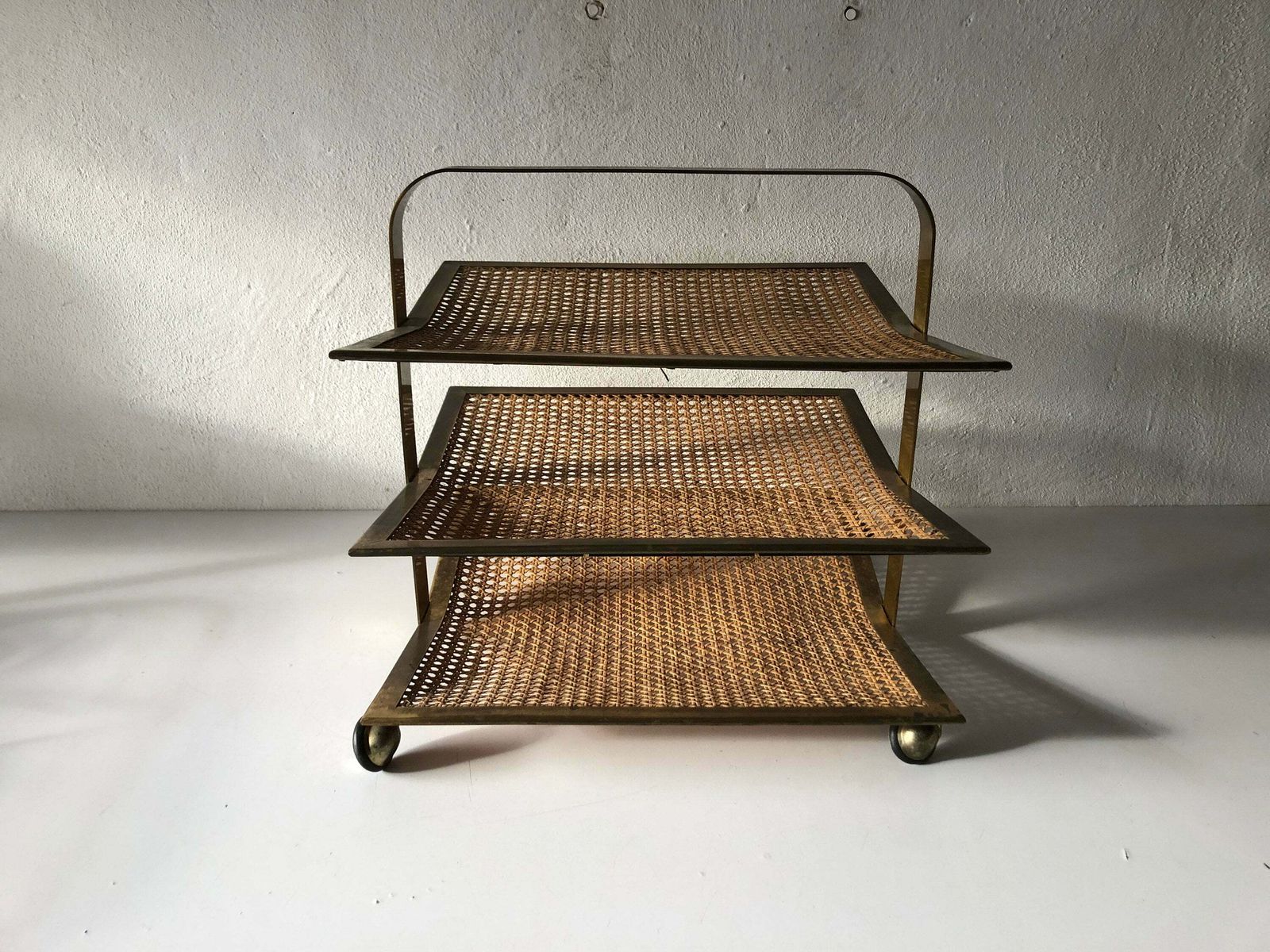 Mid Century Modern Wicker   Brass Wonderful Luxury Italian Magazine Rack With 3 Shelf, 1960s, Italy photo furniture
