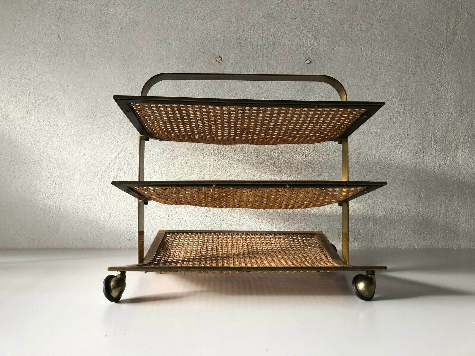 Mid Century Modern Wicker   Brass Wonderful Luxury Italian Magazine Rack With 3 Shelf, 1960s, Italy photo Home Decor