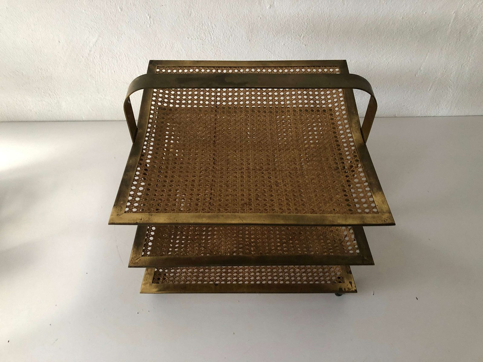 Mid Century Modern Wicker   Brass Wonderful Luxury Italian Magazine Rack With 3 Shelf, 1960s, Italy photo vinterior