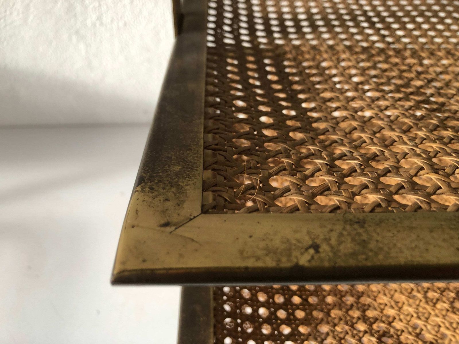 photo furniture Mid Century Modern Wicker   Brass Wonderful Luxury Italian Magazine Rack With 3 Shelf, 1960s, Italy