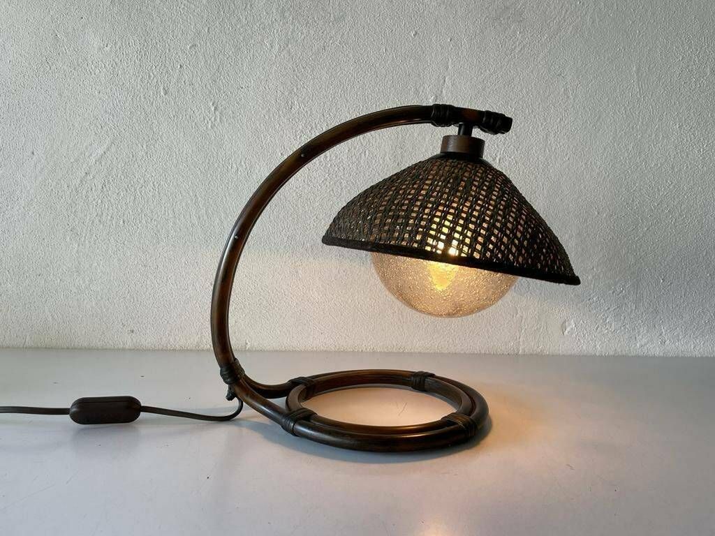 Rare Bamboo & Wicker Bedside Lamp With Air Bubble Glass By Temde, 1960s, Switzerland