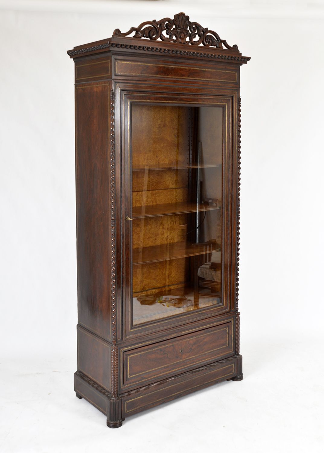 19th Century Louis XVI Style French Vitrine Display Cabinet Bookcase Rosewood Satin Birch Boxwood London Plane