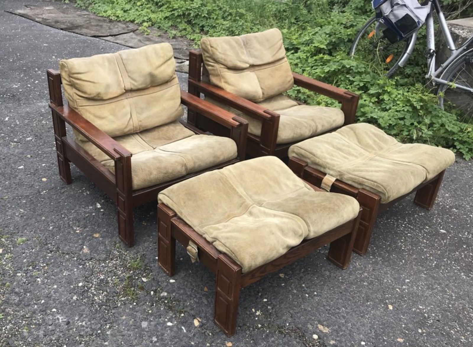 Wood & Leather Armchairs With Pouf, Set Of 4 photo vinterior