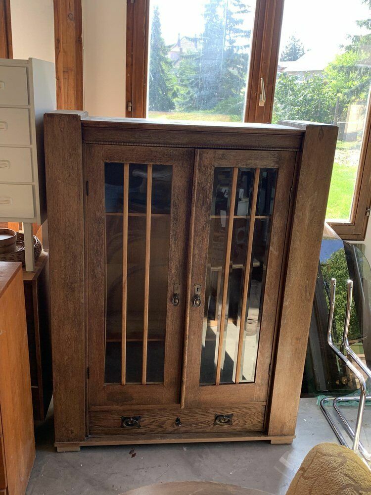 Antique Hungarian Oak Glass And Wood Cabinet photo vintage
