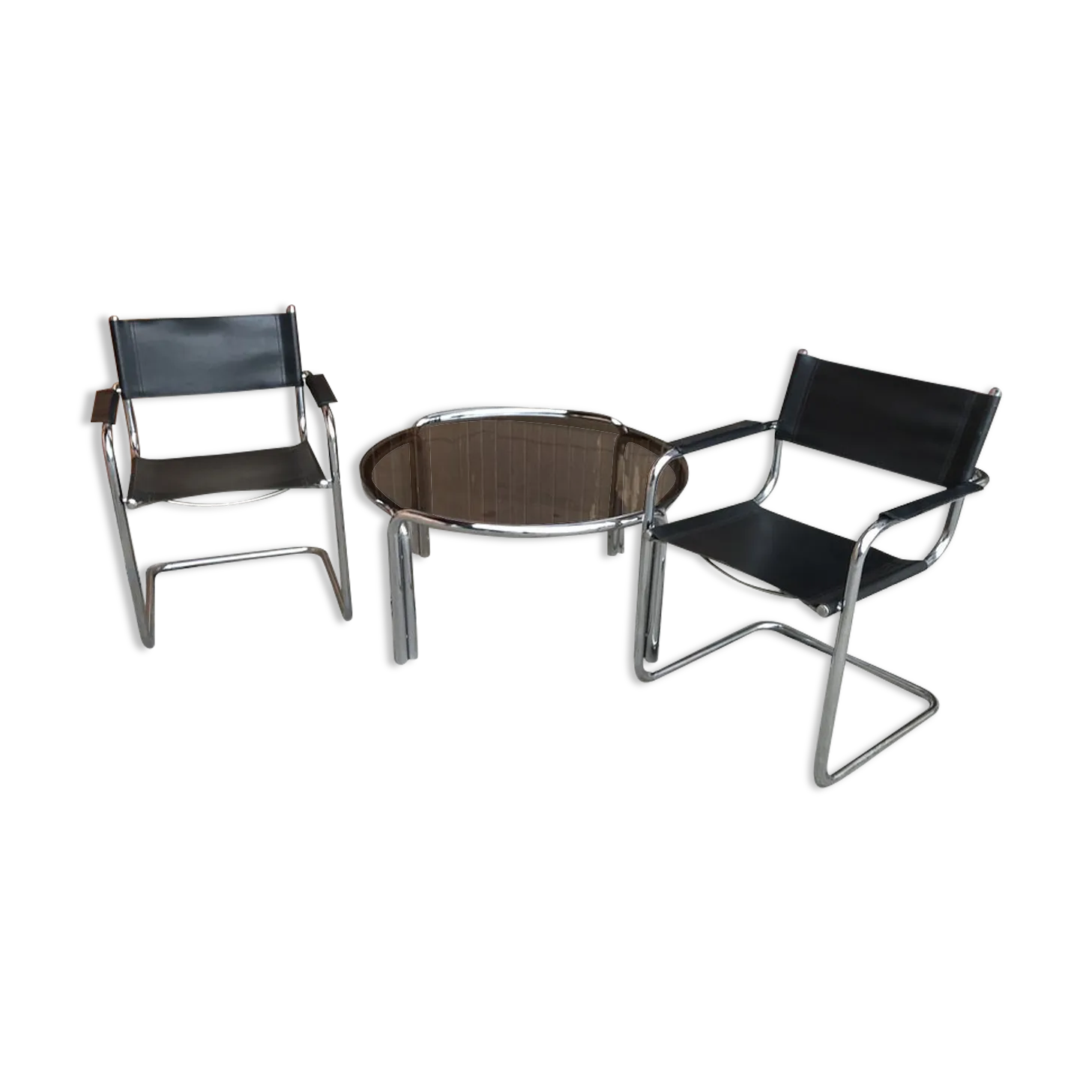 Mid Century Chrome Tubular Coffee Table With Chairs, 1960s, Set Of 3