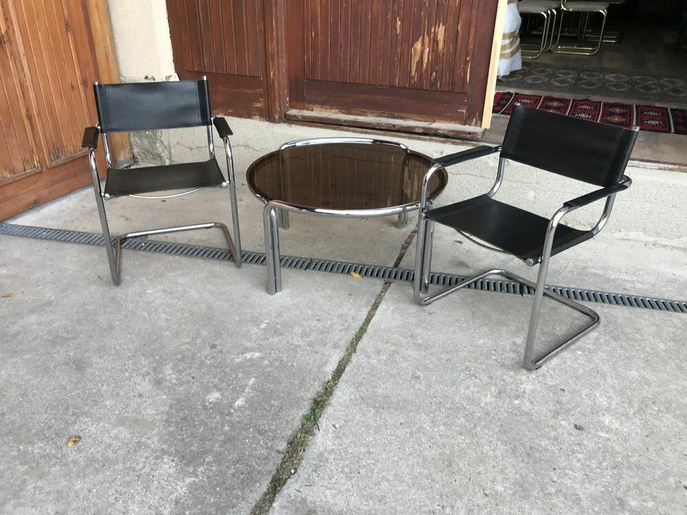 Mid Century Chrome Tubular Coffee Table With Chairs, 1960s, Set Of 3 photo for sale
