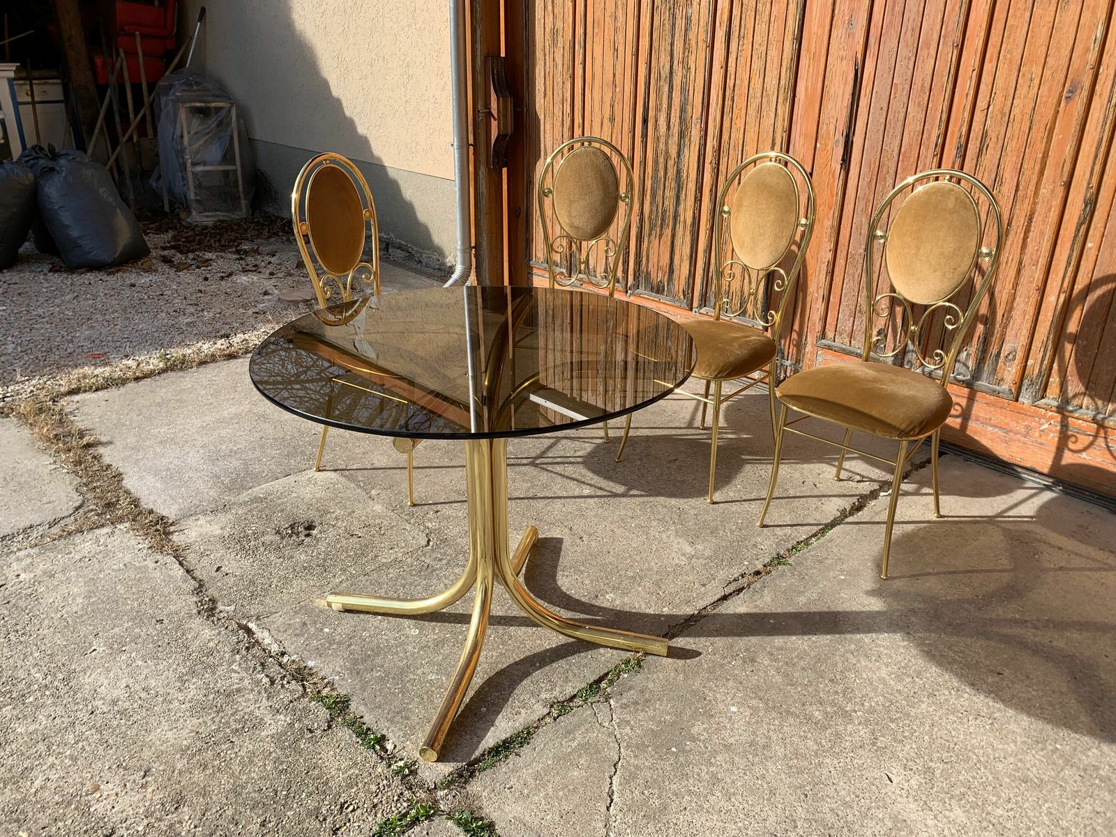 photo for sale Vintage Italian Brass Dining Chairs And Table By Paolo Salice, 1970s, Set Of 5