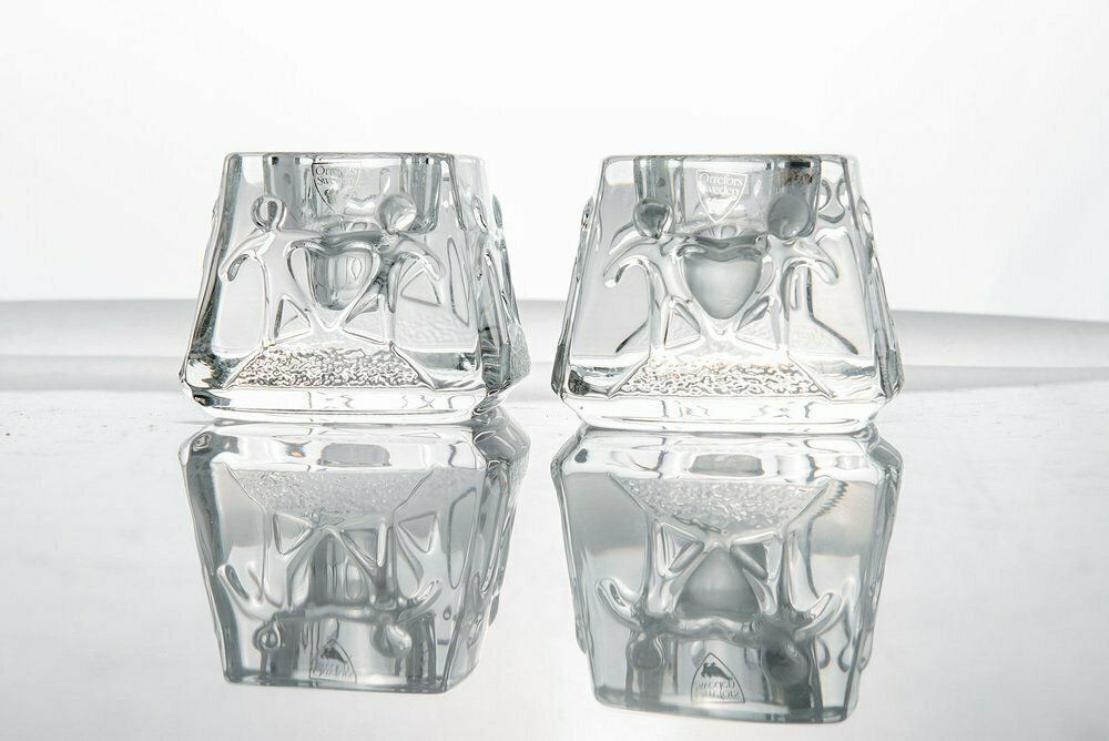 Crystal Glass Candleholders From Orrefors, Sweden, Set Of 2
