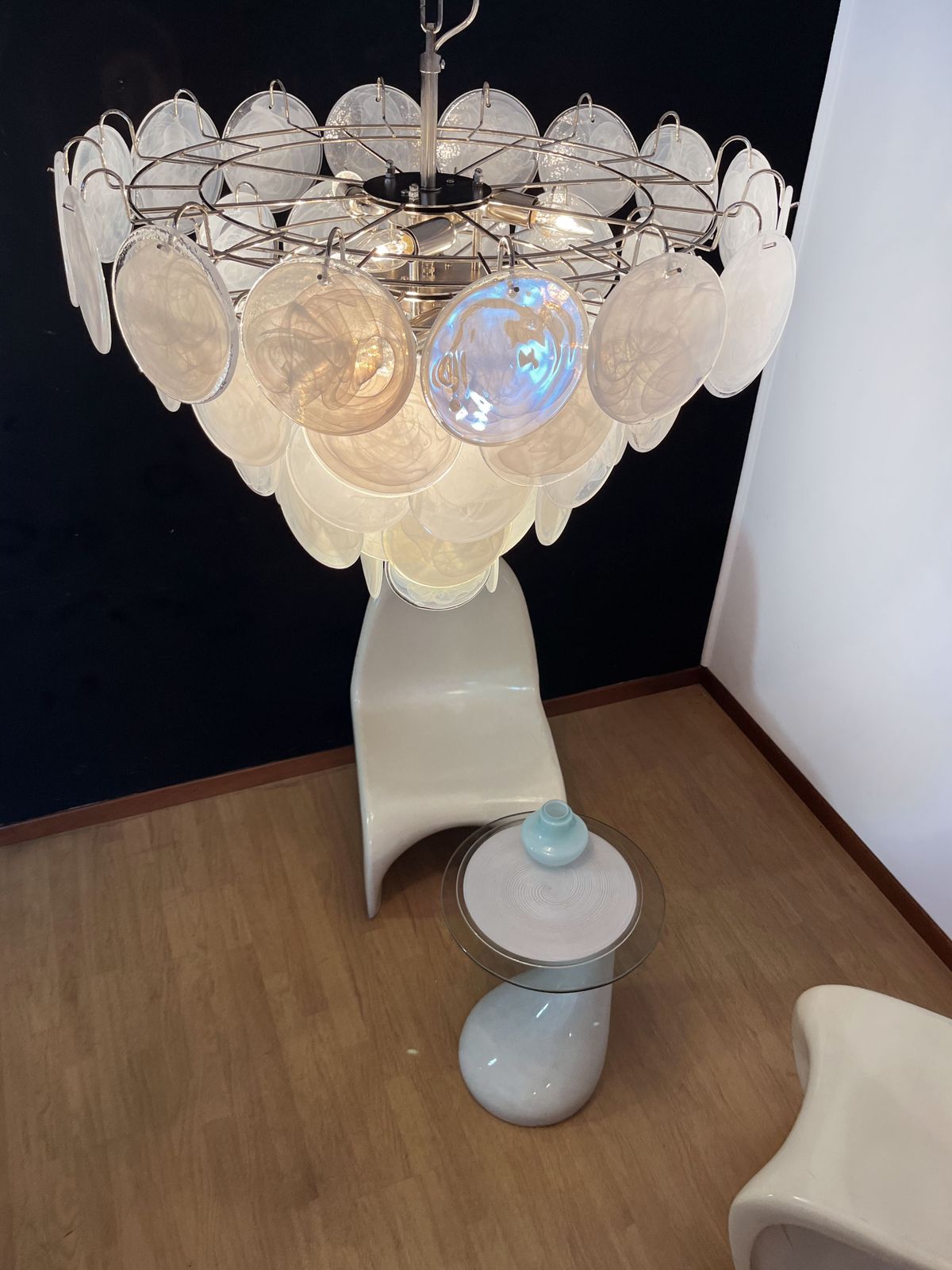 photo for sale High Quality Murano Chandelier Space Age   57 White Albaster Iridescent Glasses