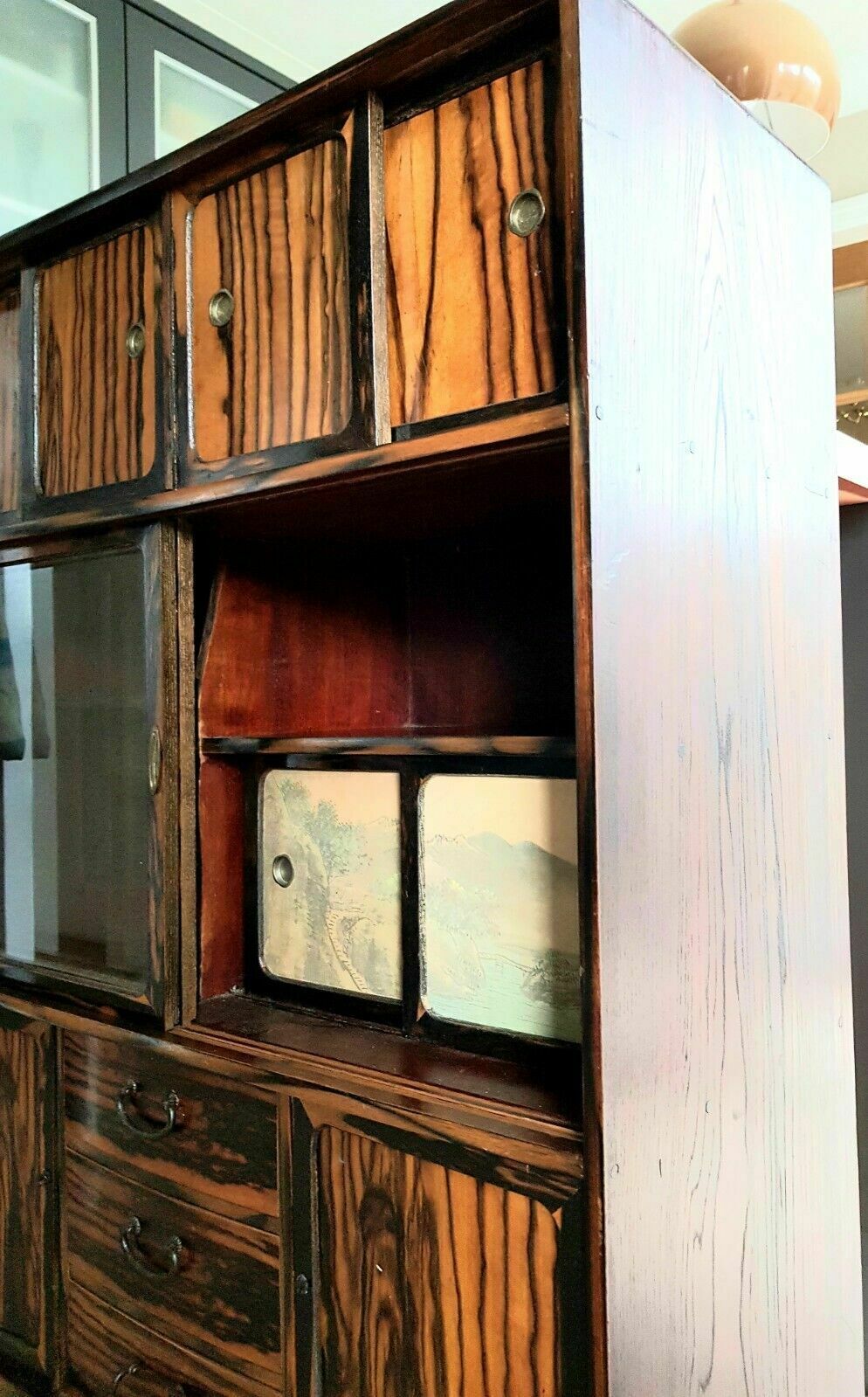 photo for sale Oriental Antique Faux Painted Tigerwood Cabinet