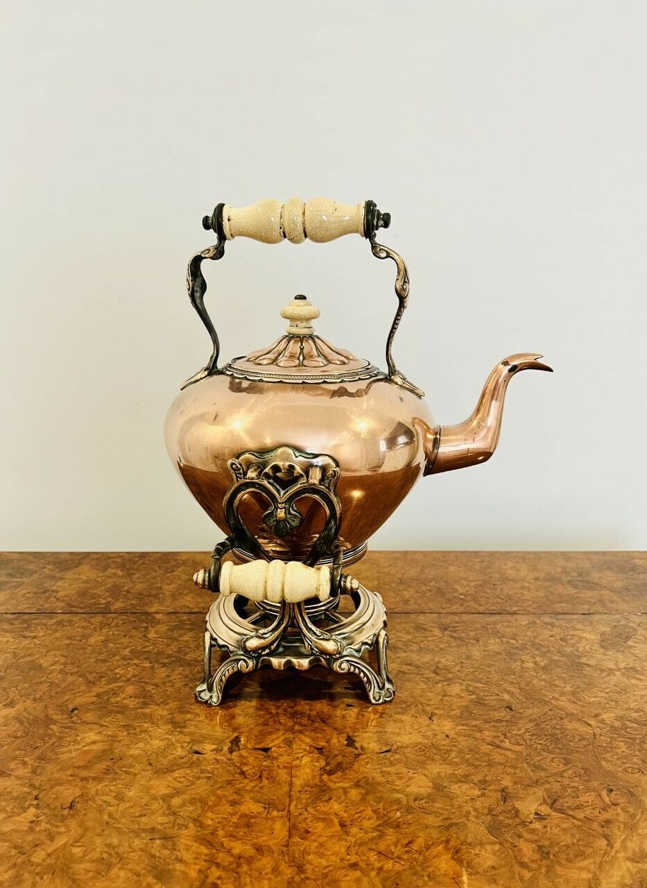 Unusual Victorian Quality Copper Kettle On A Stand photo vinterior