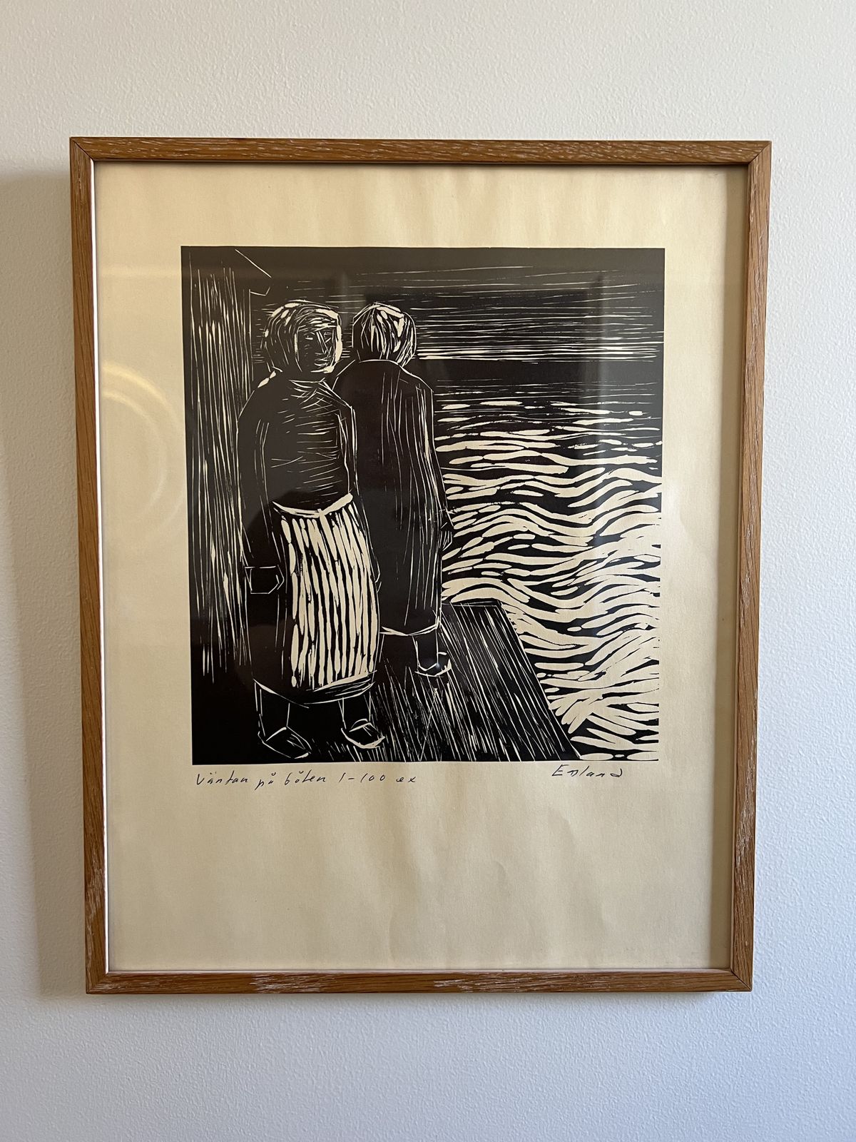 "Waiting For The Fishing Boats" Original Mid Century Swedish Lino Print By Einar Emland