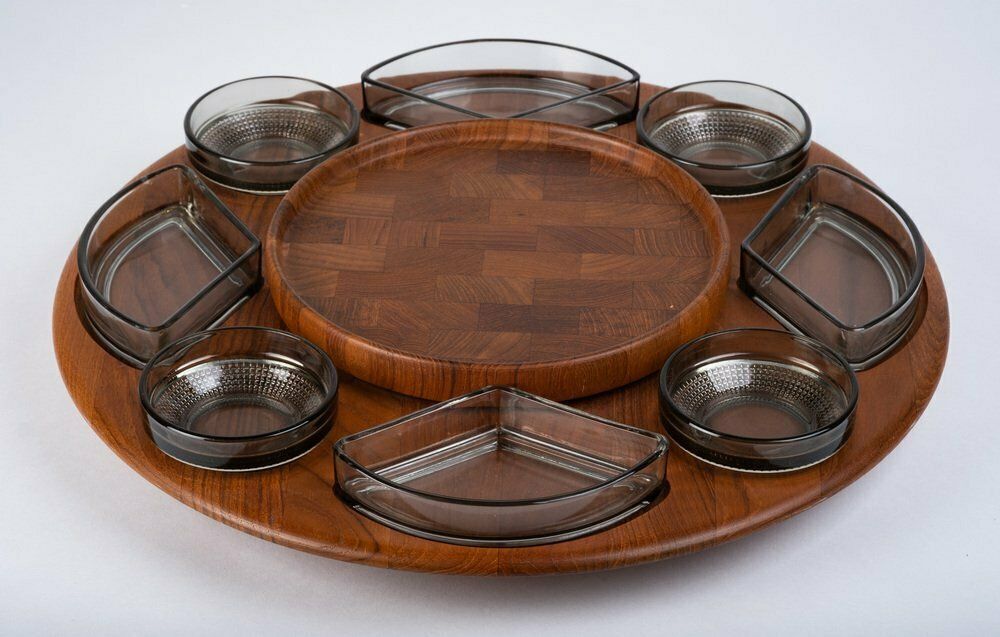 Danish Teak Carousel With 8 Glass Bowls From Glasværk Glassworks, 1960s, Set Of 8