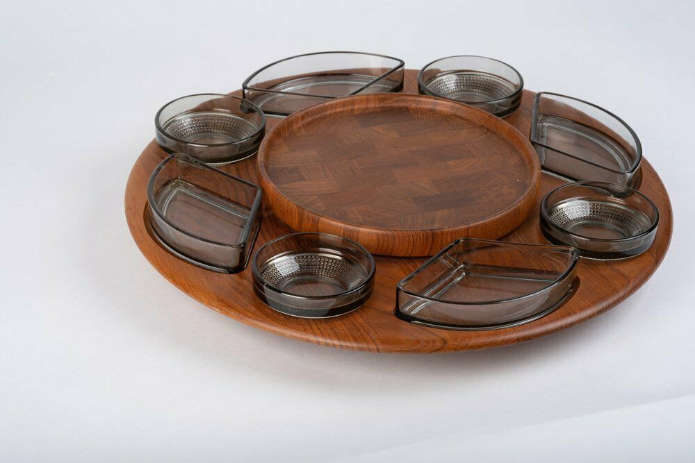 Danish Teak Carousel With 8 Glass Bowls From Glasværk Glassworks, 1960s, Set Of 8 photo Home Decor