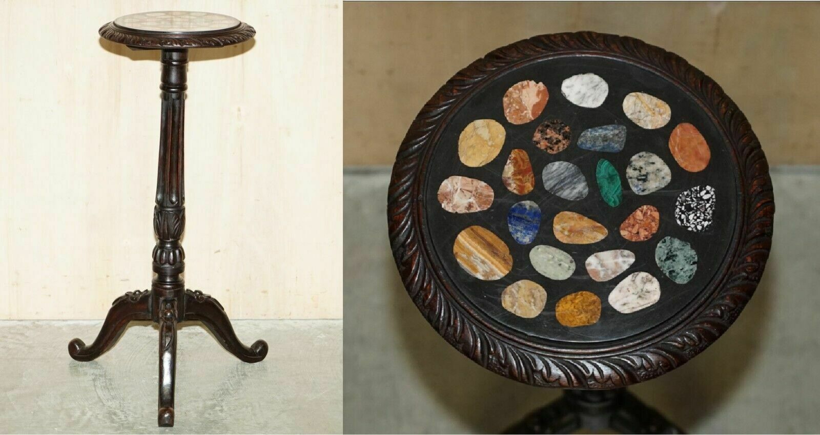 Fine Antique Victorian 1880 Pietra Dura Specimen Marble Side End Lamp Table