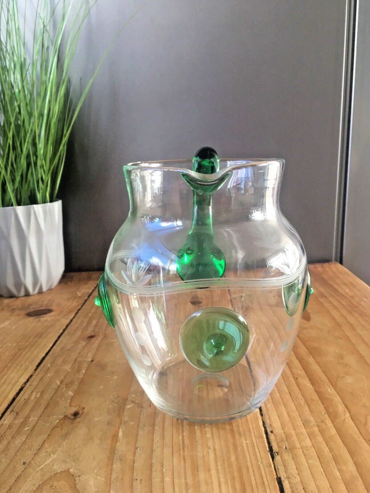 Unusual Art Deco Etched Clear Green Glass Nipple Roundel Water Pitcher Jug Czech photo 69.0