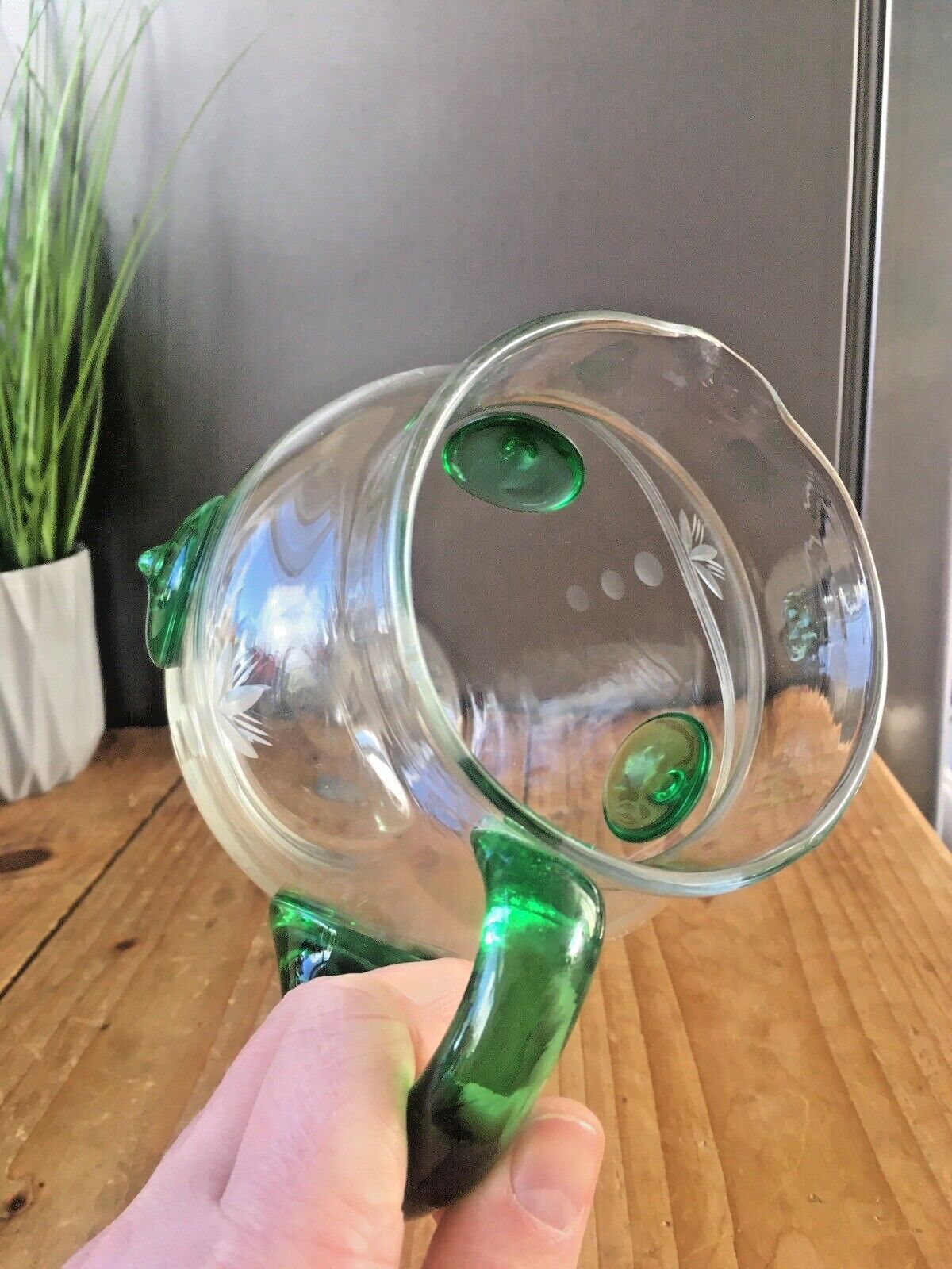 Unusual Art Deco Etched Clear Green Glass Nipple Roundel Water Pitcher Jug Czech photo vintage