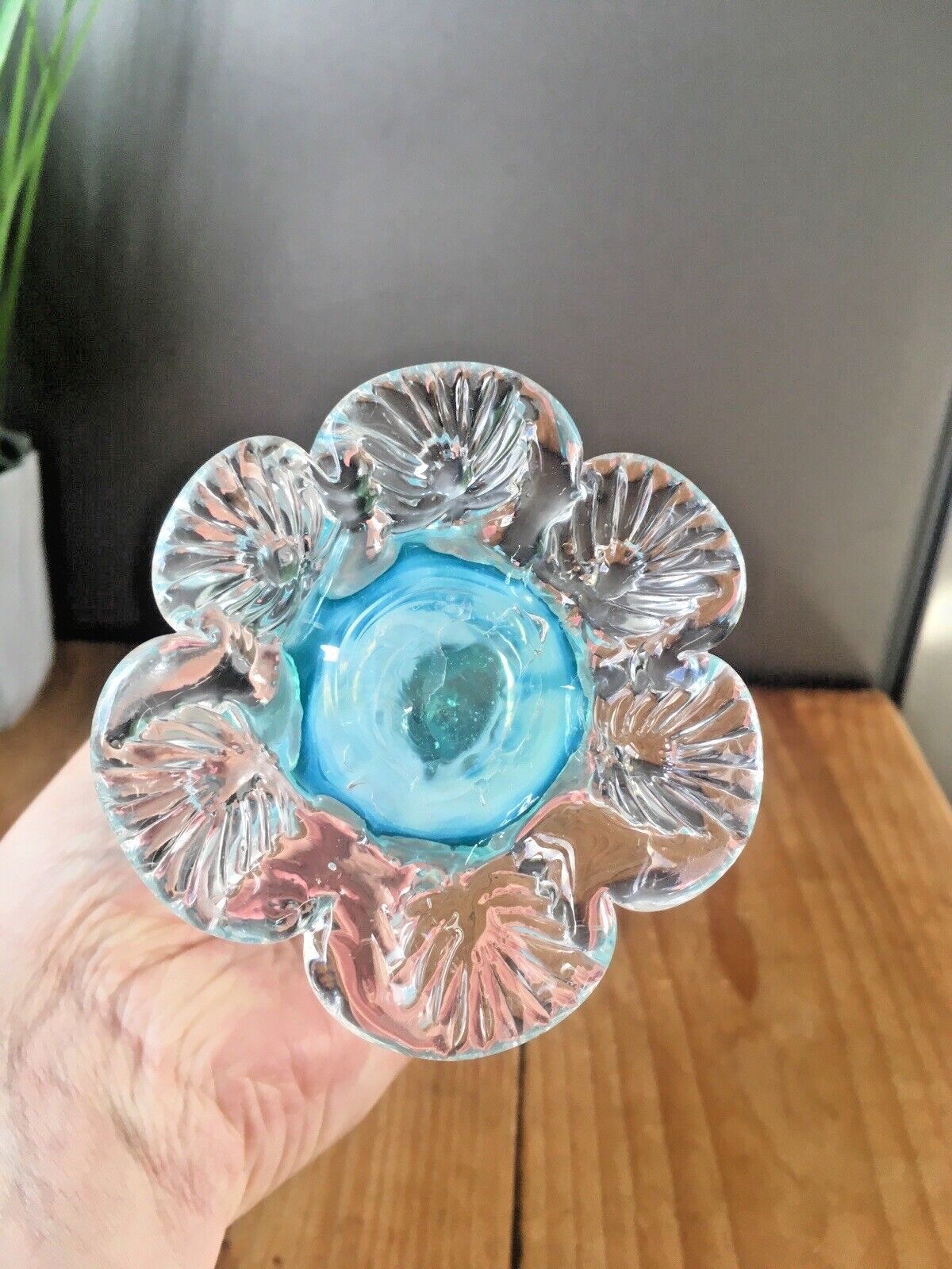 Antique 19th C Victorian Blue Vaseline Glass Opalescent Spiked Footed Bud Vase photo buy