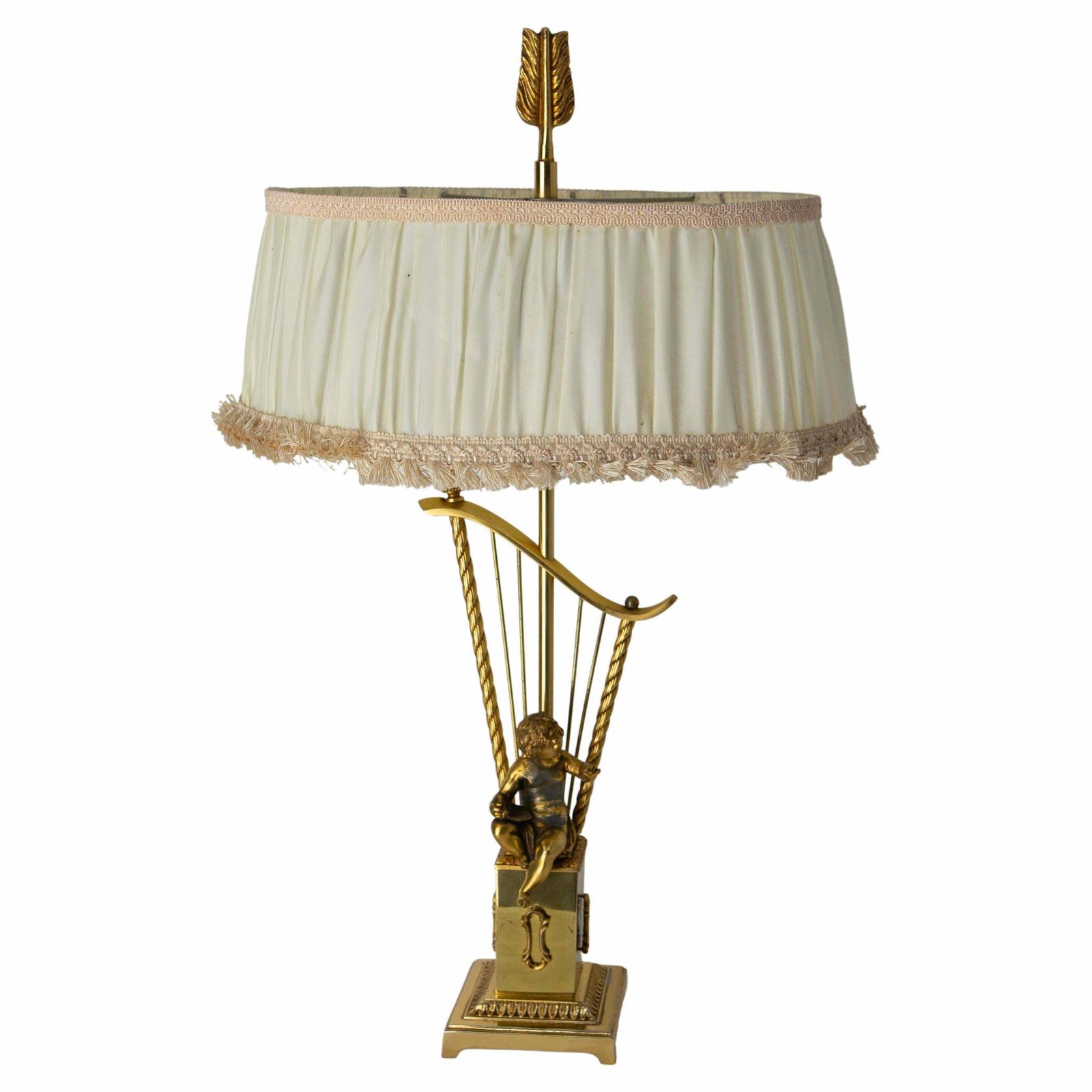 French Brass Table Lamp With Putti Reading In Front Of A Harp, Mid Century