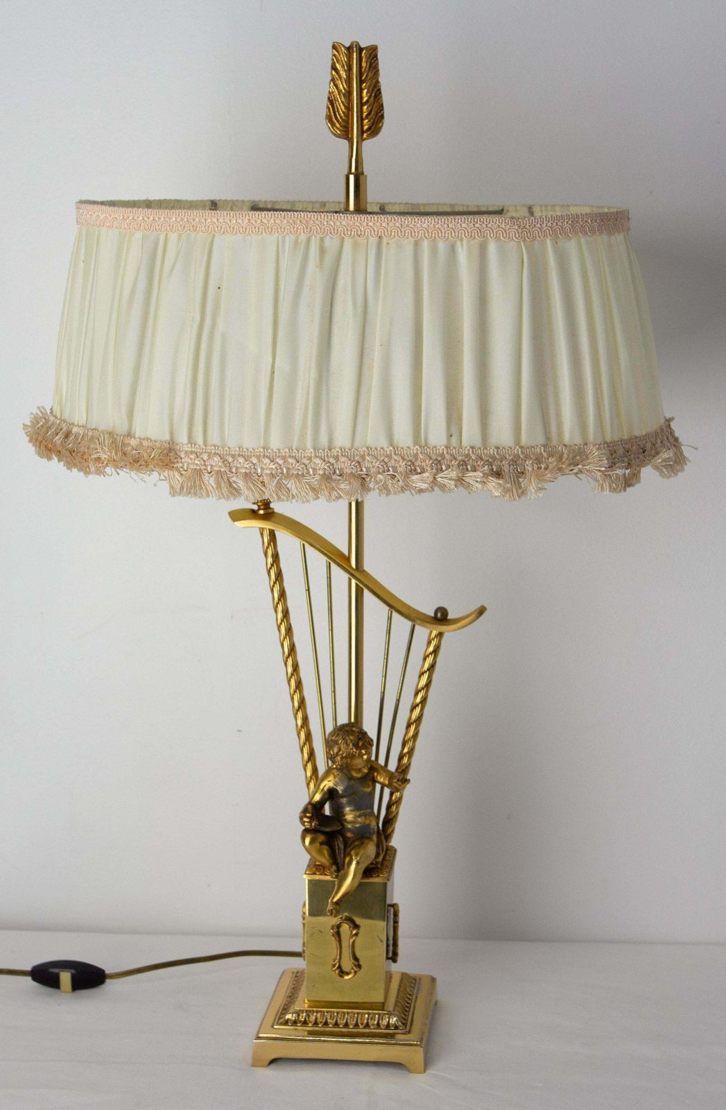French Brass Table Lamp With Putti Reading In Front Of A Harp, Mid Century photo furniture