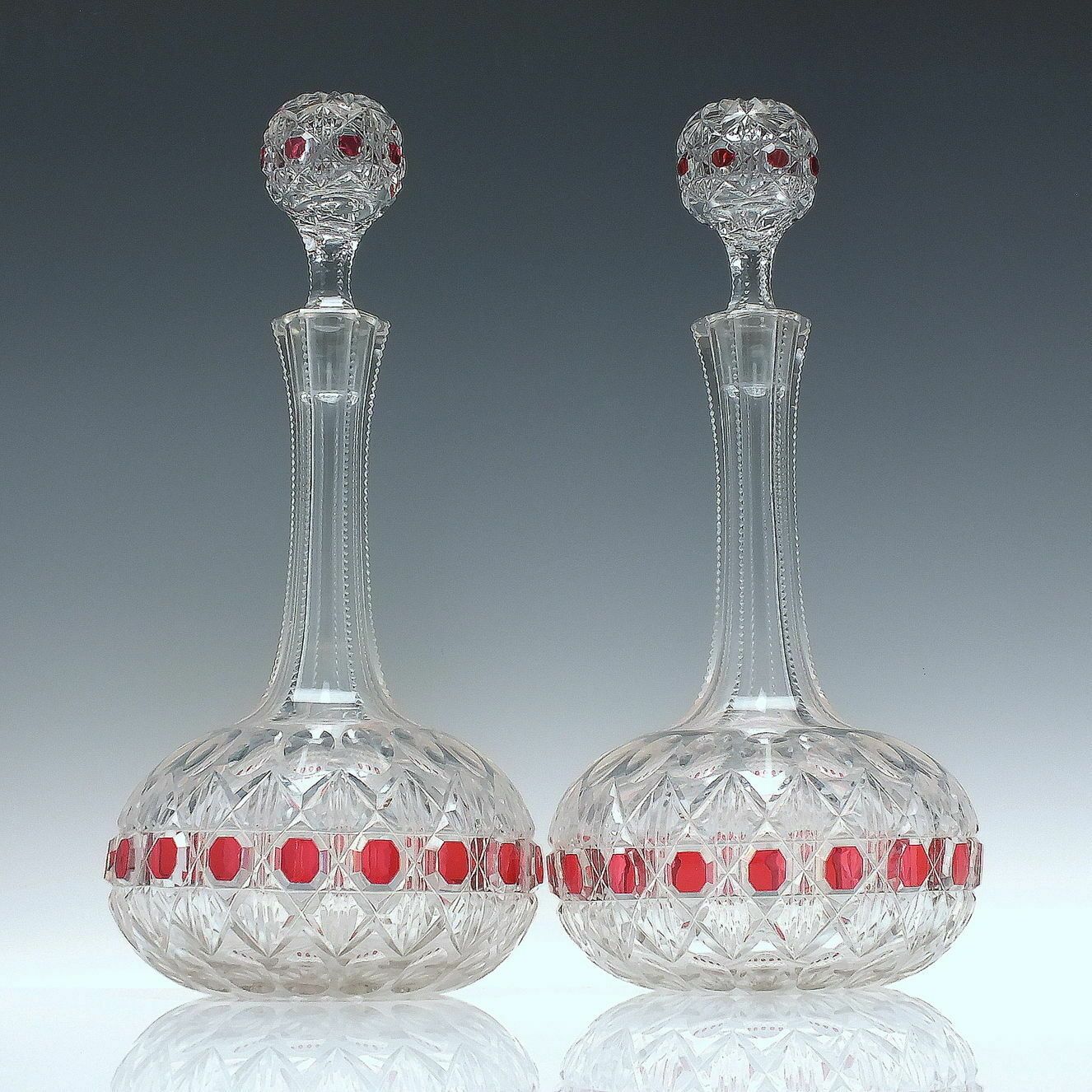 Pair Of 19th Century Victorian Shaft & Globe Glass Decanters By Thomas Webb C1870