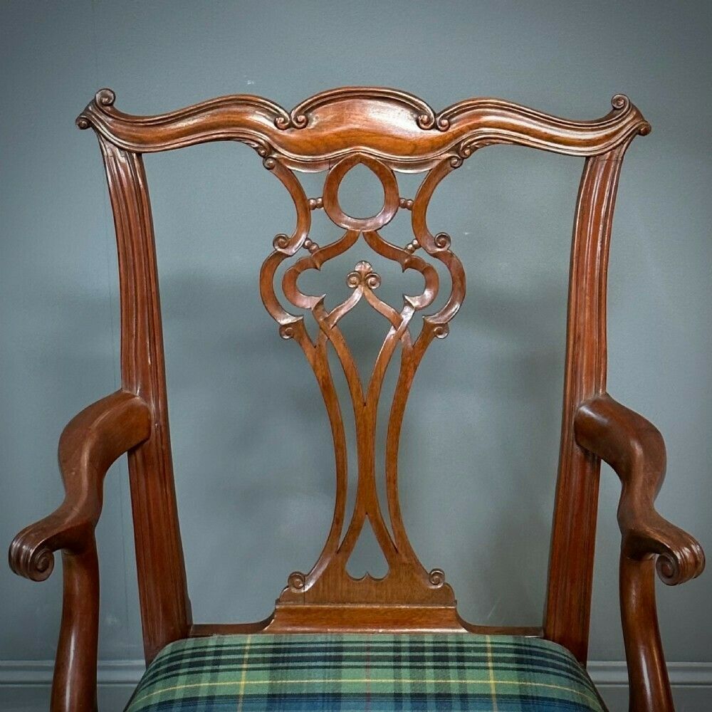 photo for sale Attractive Vintage Chippendale Style Mahogany Carver Chair, Newly Upholstered
