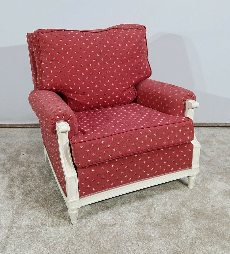 photo for sale Pair Of Large Bergeres And Ottoman, Louis XVI Style, 20th