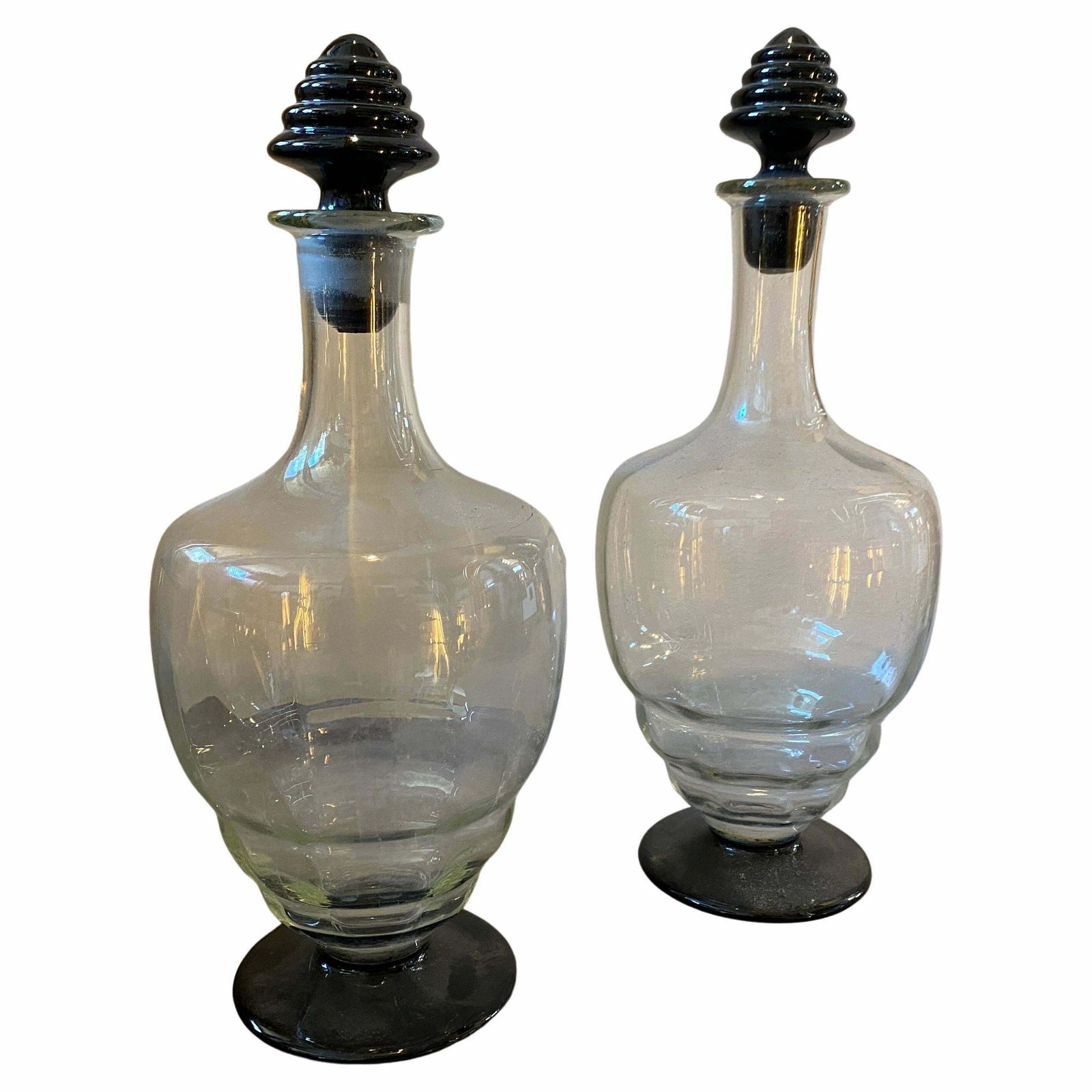 1930s Napoleone Martinuzzi Style Set Of Two Art Deco Murano Glass Bottles