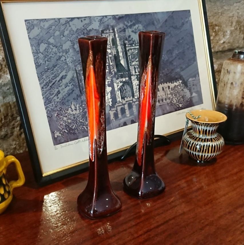 Pair Of 1970s Narrow Lava Glaze Vases Attributed To Vallauris Pottery photo furniture