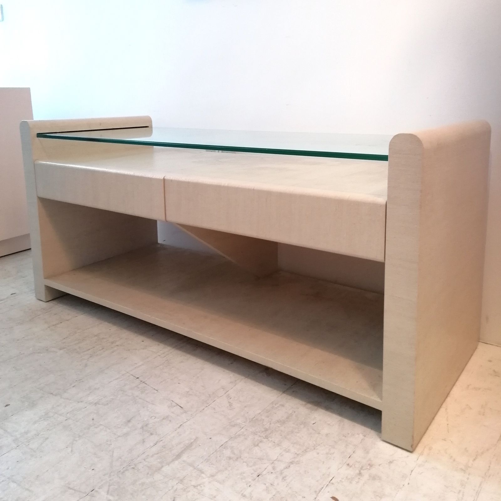 Vintage Karl Springer Style Lacquered Grasscloth Console / Tv Or Media Stand, USA 1980s photo furniture