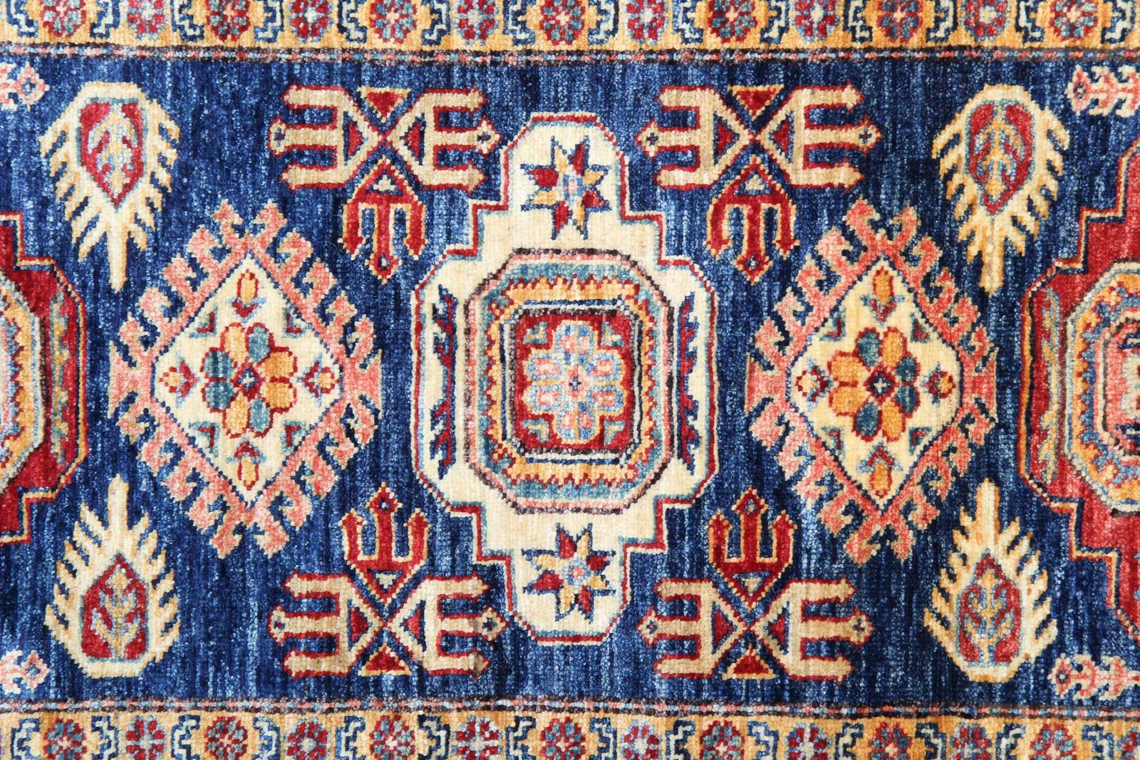 Handmade Runner Rug Traditional Kazak Carpet Rug Blue Geometric Runner photo Textiles