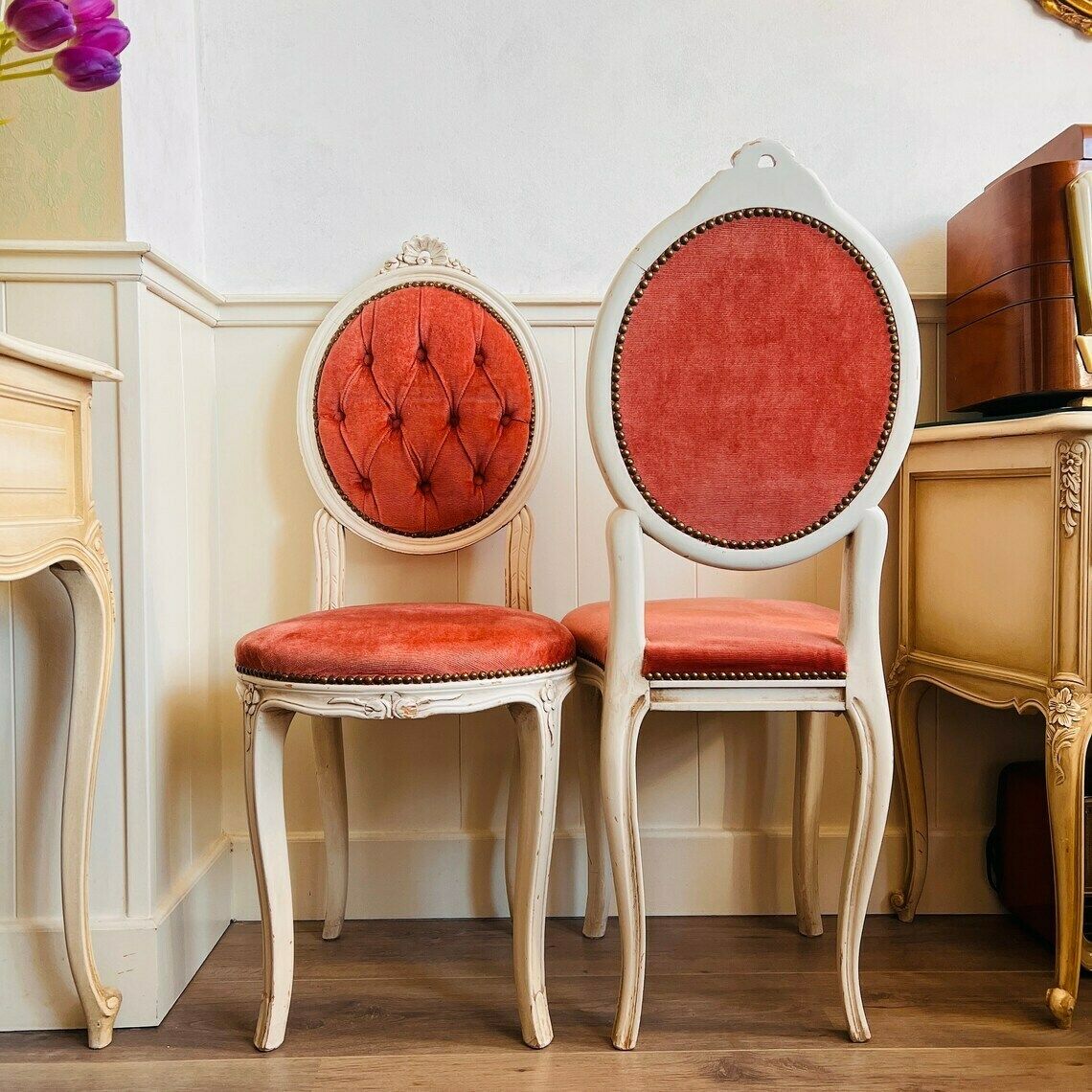 Pair Of Wooden Chairs, Queen Anne Style, Vintage Shabby Chic White And Pink Velvet Vanity Chairs
