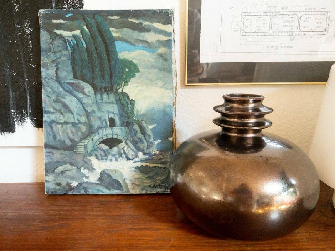Original Acrylic Painting Of Ocean   Waves Crashing In On A Secret Cave   Dated 1938 photo for sale