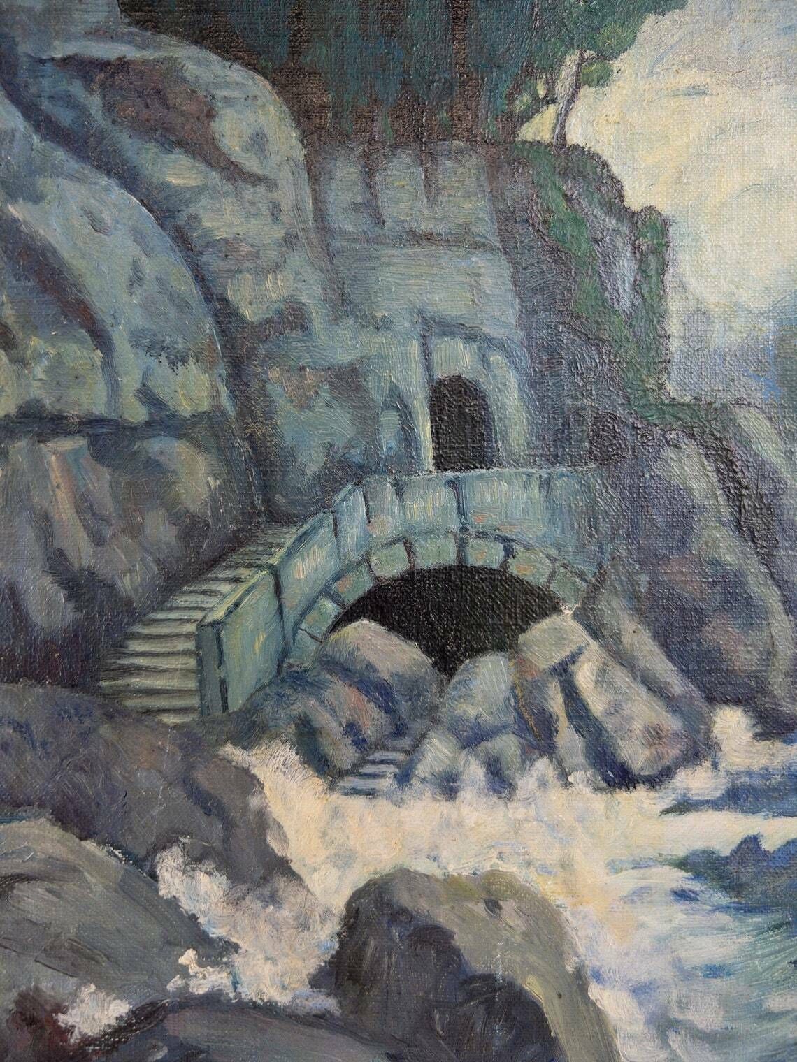 Original Acrylic Painting Of Ocean   Waves Crashing In On A Secret Cave   Dated 1938 photo vinterior