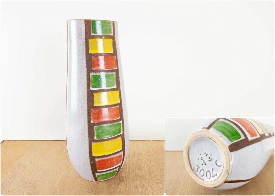 Veb Haldensleben Vases And Bowl With Green, Red And Yellow Striped Glaze photo for sale