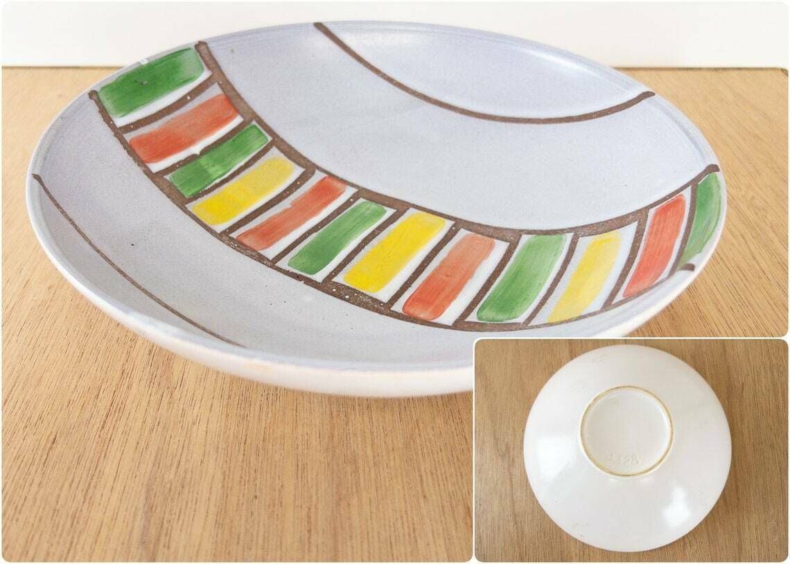 Veb Haldensleben Vases And Bowl With Green, Red And Yellow Striped Glaze photo 100.0