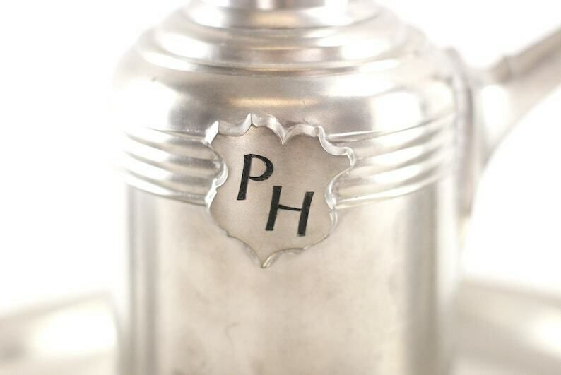 Pewter Serving Set   Bar Cart Set   Heavy Pewter Drinks Set With A Tray, Six Cups And A Wine Jug photo vinterior