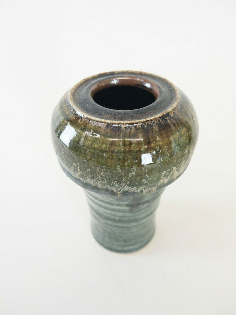 Olive Green And White Glazed Studio Pottery Pair Of Unique Vases From Switzerland photo 68.0