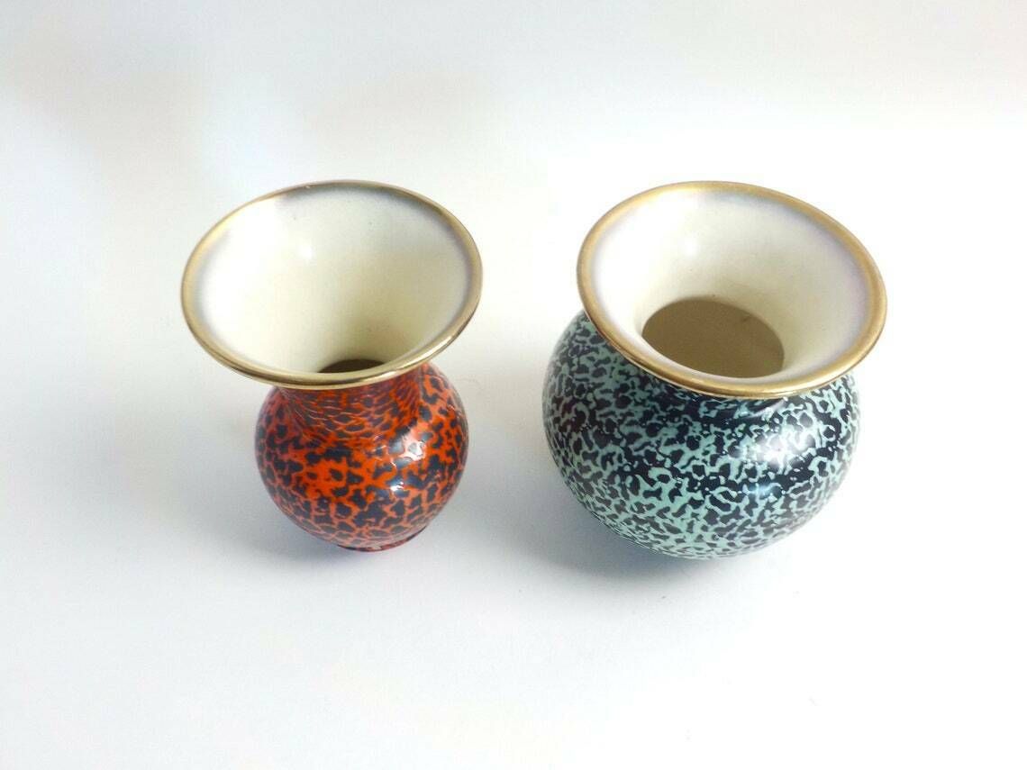 Trumpet Vases, Pair Of Mid Century Trumpet Vases, West German Art Pottery, Red And Green photo for sale