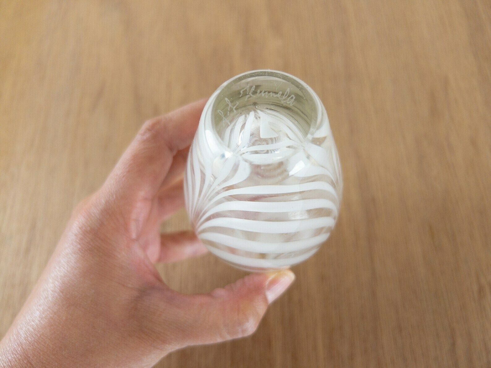 Kumela Riihimäki Finland Filigree Glass Vase, Signed photo for sale