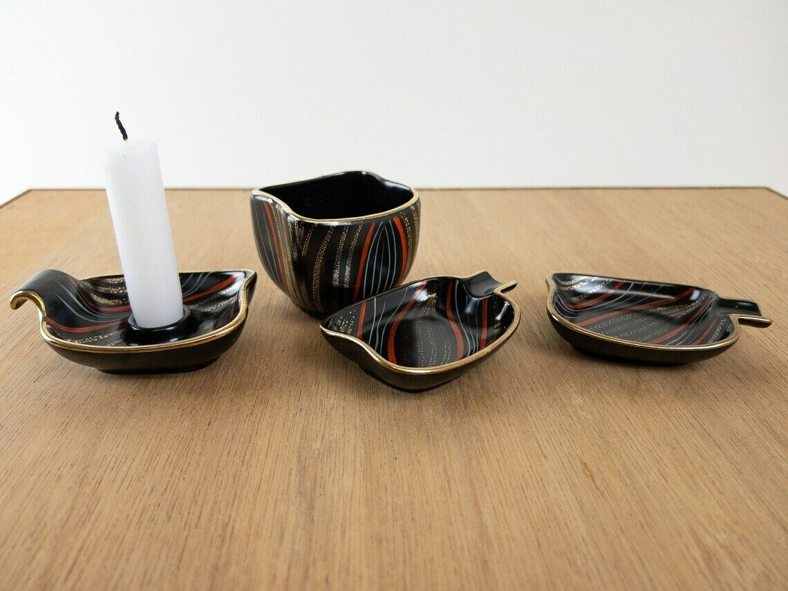 photo for sale Atomic Age Smoking Set   West German Pottery   1950s, Mid Century Ashtray, Candleholder, Cigarette Holder   Smoking Accessory