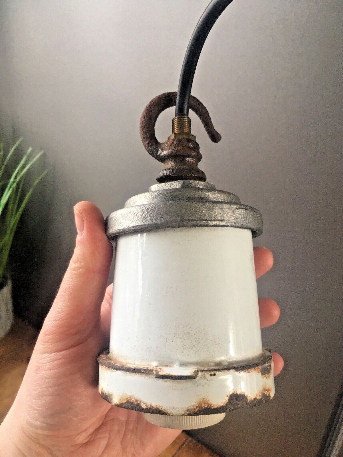 Large 2 Piece Industrial Factory White Enamel Ceiling Pendant Light Shade & Hook photo Lighting