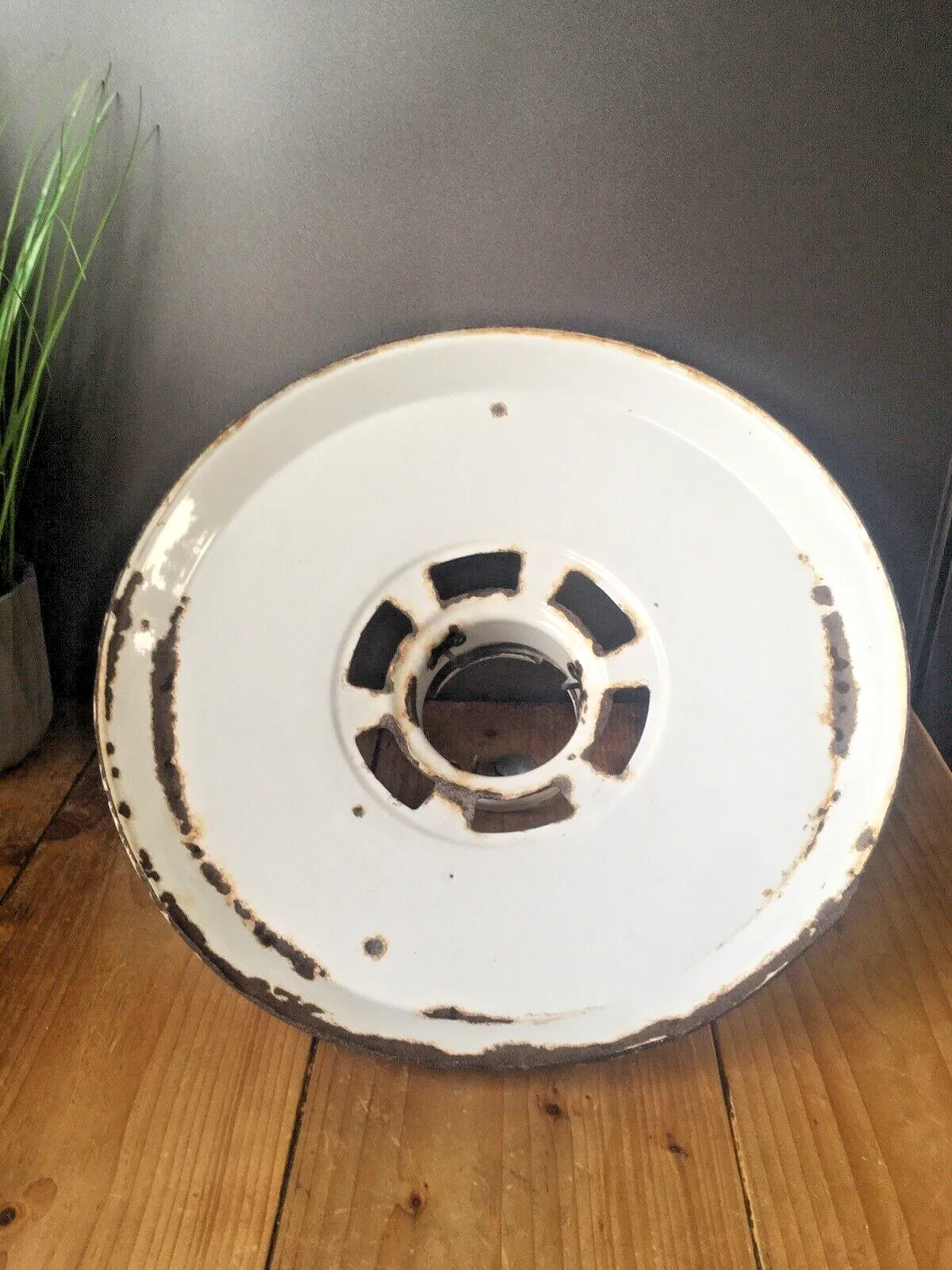 Large 2 Piece Industrial Factory White Enamel Ceiling Pendant Light Shade & Hook photo vintage