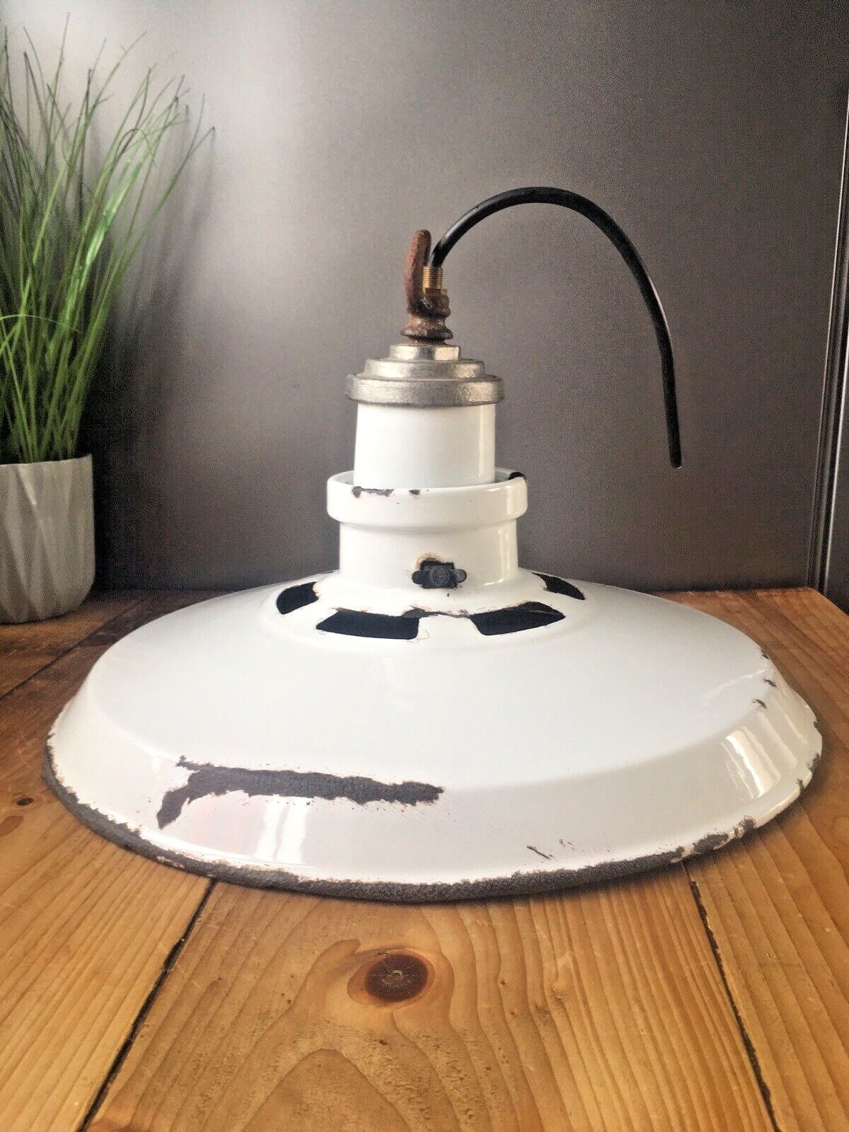 photo for sale Large 2 Piece Industrial Factory White Enamel Ceiling Pendant Light Shade & Hook