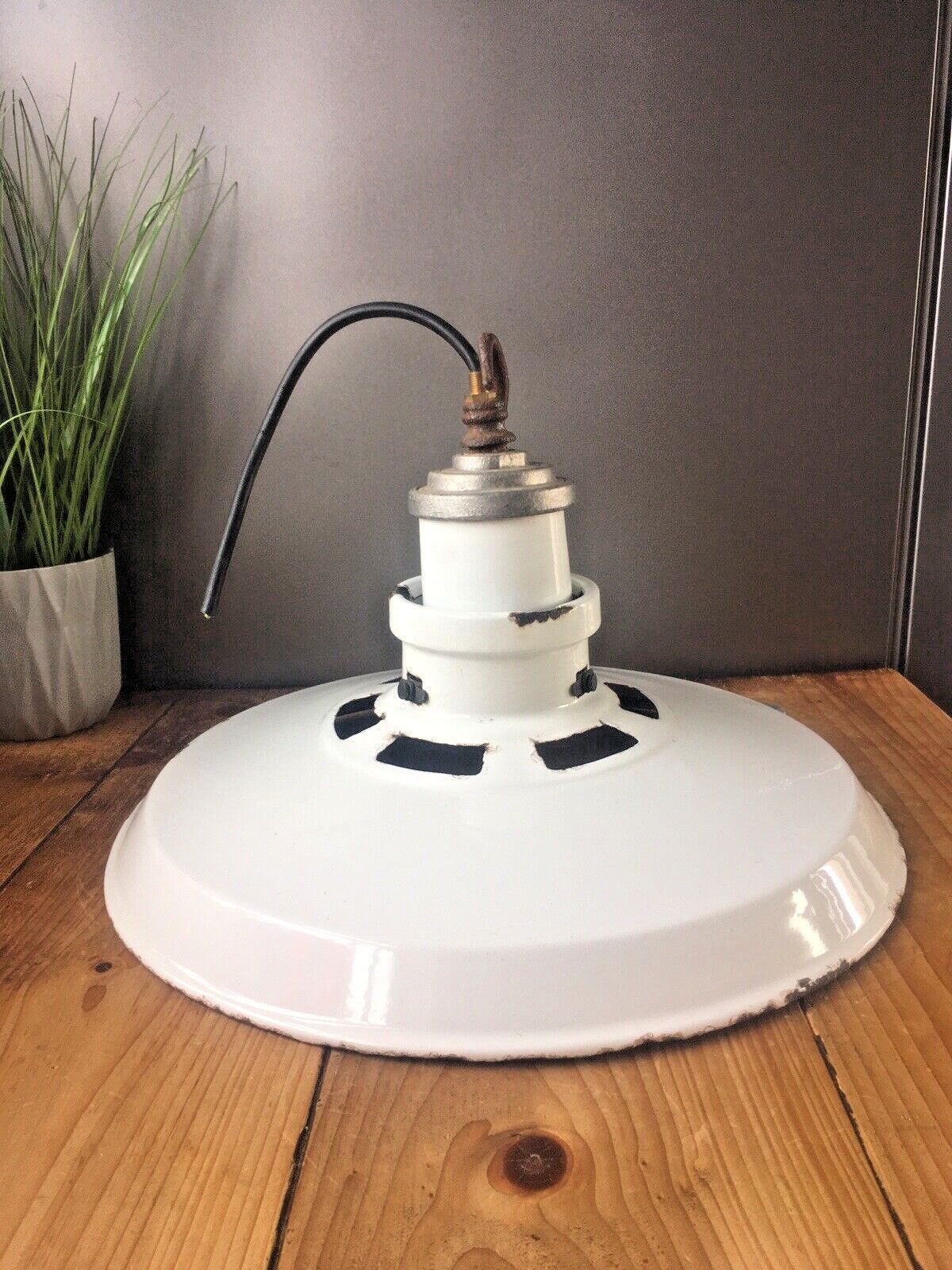180.0 Large 2 Piece Industrial Factory White Enamel Ceiling Pendant Light Shade & Hook photo